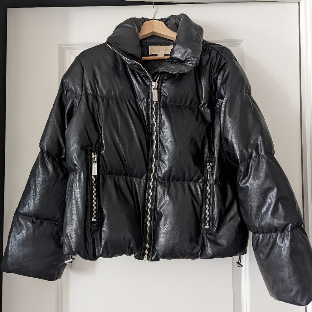 Black Leather Duck Down Waterfowl Feathers Puffer Jacket